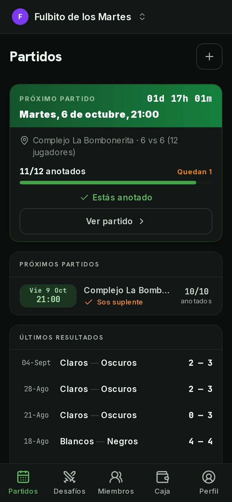 La pantalla de inicio de Fulbito: el próximo partido con 11 de 12 anotados, los partidos que vienen y los últimos resultados